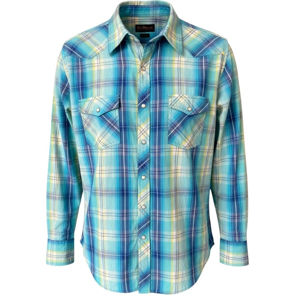Ben Sherman Mens XXL Blue Plaid Stretch Western Pearl Snap Flap Shirt